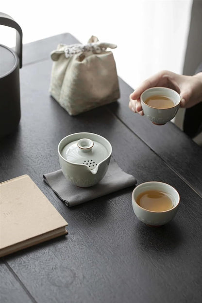 Afternoon Tea Set Antique Lotus Leaf Ceramic Tea Set Complete Set Travel Tea Set Tea Maker Gaiwan 1 Bowl 2 Cups Kung Fu Tea Set With Portable Bag Tea Set For Adults