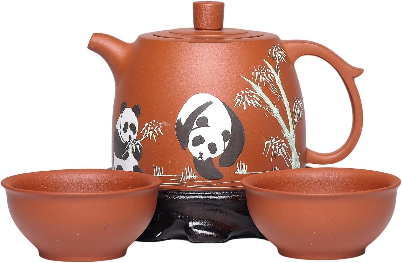 SILINE Panda Zisha Tea Pot 9 Oz with 2 Cups,Genuine Yixing Clay Teapot,Brew Infuse Kung Fu Tea Maker Set (Cute Panda Set)