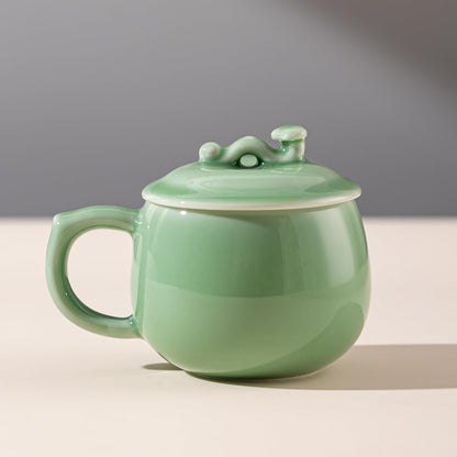 SILINE Longquan Celadon Tea Cup with Lid 11.8 oz/350ml,Green Porcelain Coffee Mug Teacup Lucky Gift -Classic Cyan