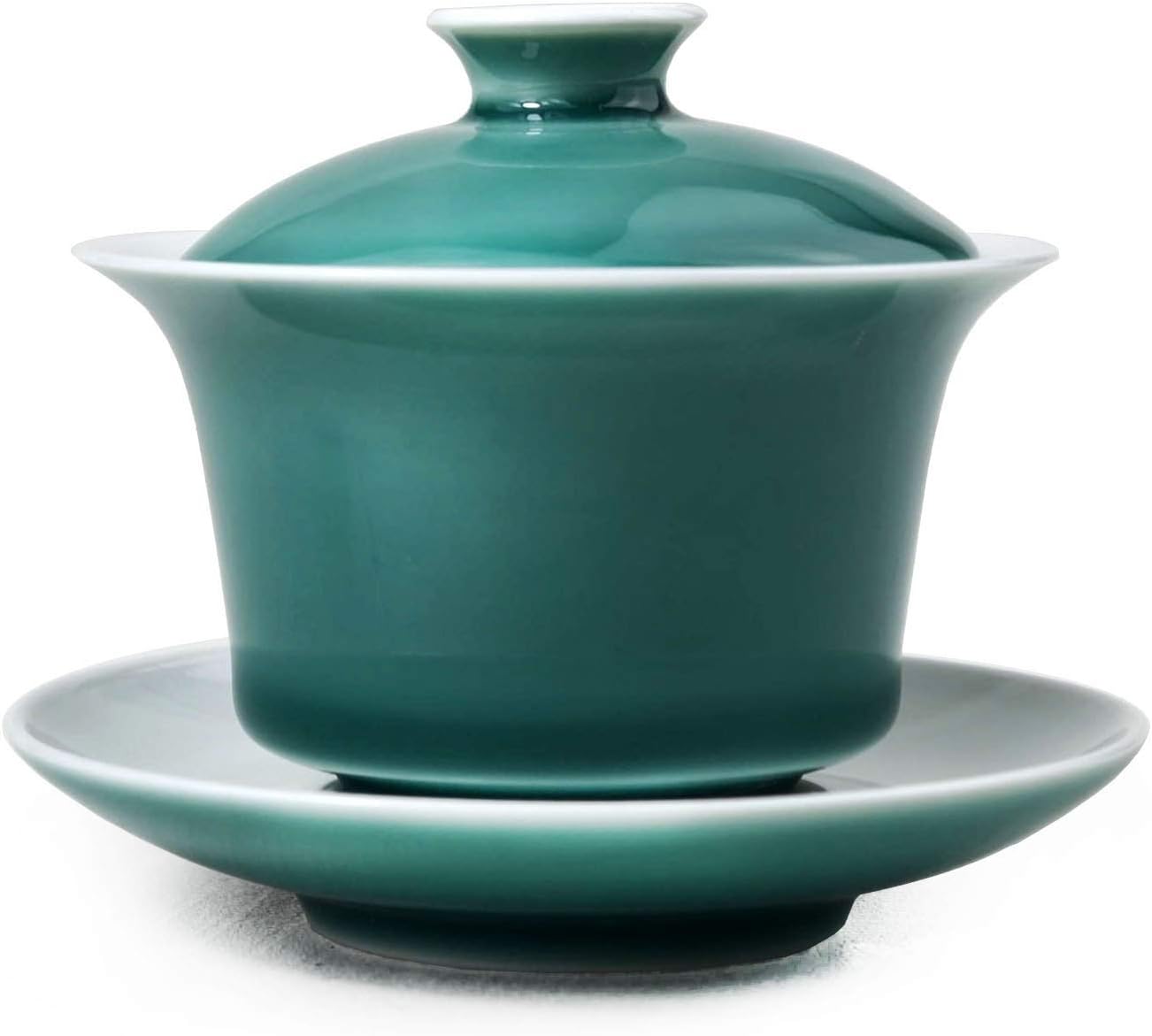 Porcelain Gaiwan 5oz /150ml Teacup White Glazed Classical Chinese Auspicious Clouds Tea Cup Tureen Sancai Cover Bowl Lid Cup Saucer Set (Green)