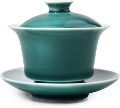 Porcelain Gaiwan 5oz /150ml Teacup White Glazed Classical Chinese Auspicious Clouds Tea Cup Tureen Sancai Cover Bowl Lid Cup Saucer Set (Green)