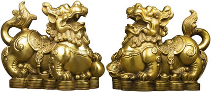 BRABUD Handmade Brass Feng Shui Pi Yao/Pi Xiu for Wealth Good Luck Figurine Collectible Home Decor Set of 2