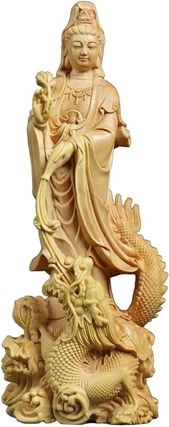 xiledu Hand -Carved Boxwood GuanYin Statue Standing On Dragon,Feng Shui Kuanyin Buddha Decor,Contemplation Buddha Statues Decoration,Home Office Table Ornaments