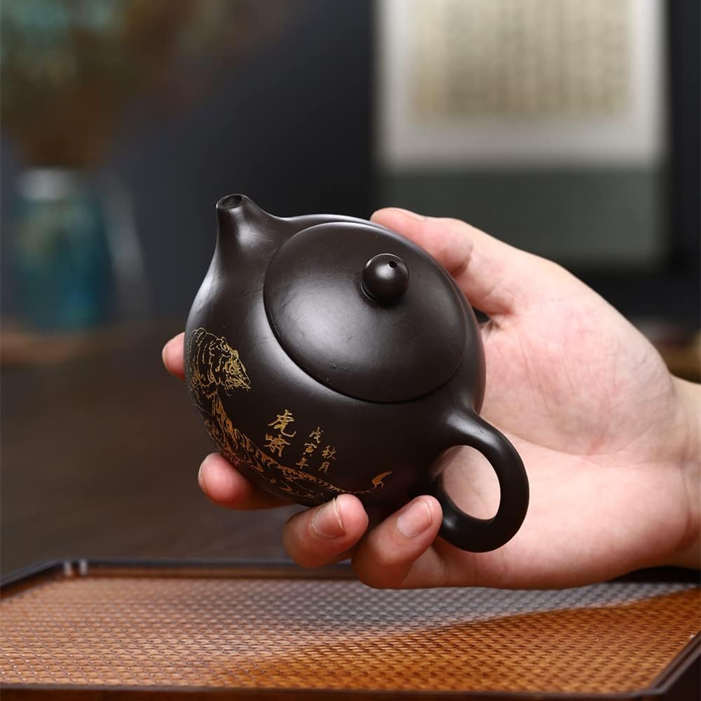 Xishi Teapot 7oz Chinese Clay Pot Ceramics Zisha Black Mud Kungfu Tea Set Gold Tiger