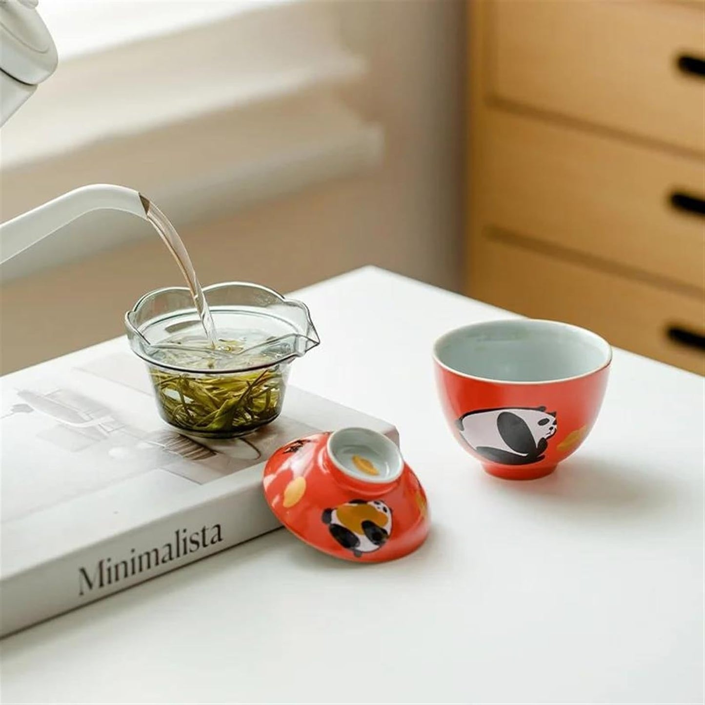 FUTWIZ Afternoon Tea Set Wealth Rolling Panda Art Ceramic Express Cup Outdoor Tea Maker Tea Set Portable 1 Pot 1 Cup with Storage Bag Chinese Tea Set Tea Set for Adults
