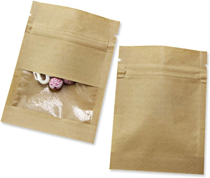FERENLI 100Pcs Kraft Paper Window Bags Smell Proof Food Storage Pouch Flat for Zip Resealable Lock Candy Coffee Beans Packaging Bag with Tear Notches (7x9cm (2.8x3.5 inch), White)