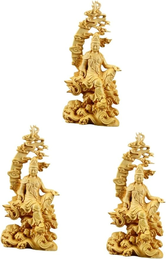 DECHOUS 3pcs Wooden Guanyin Wooden Ornament Guanyin Statue Desk Decorations Car Decorations Kuan Statue Miniature Kwan-yin Statue Guanyin Bodhisattva Statue Solid Wood Sculpture Asia Gift