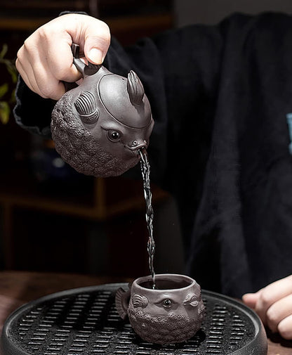 Hormsdar Pruple Clay Teapot Pure Handmade Pufferfish Tea Pot Zisha Tea Set Kettle Kung Fu Teapot (Teacup)