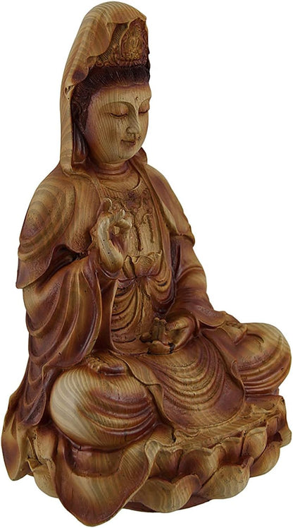 Zeckos Brown Wood Finish Resin Guanyin Goddess of Mercy Sitting On Lotus Statue 9 Inches High