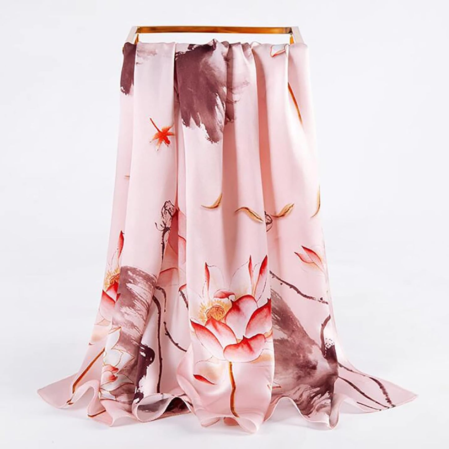 RAN Winter Warm Scarfs Silk Scarf for Women, Luxury Long Pure Satin Pattern Scarfs Large Shawls Wraps, Lotus Pattern (Color : Beige, Size : 67.7" x 20.9")