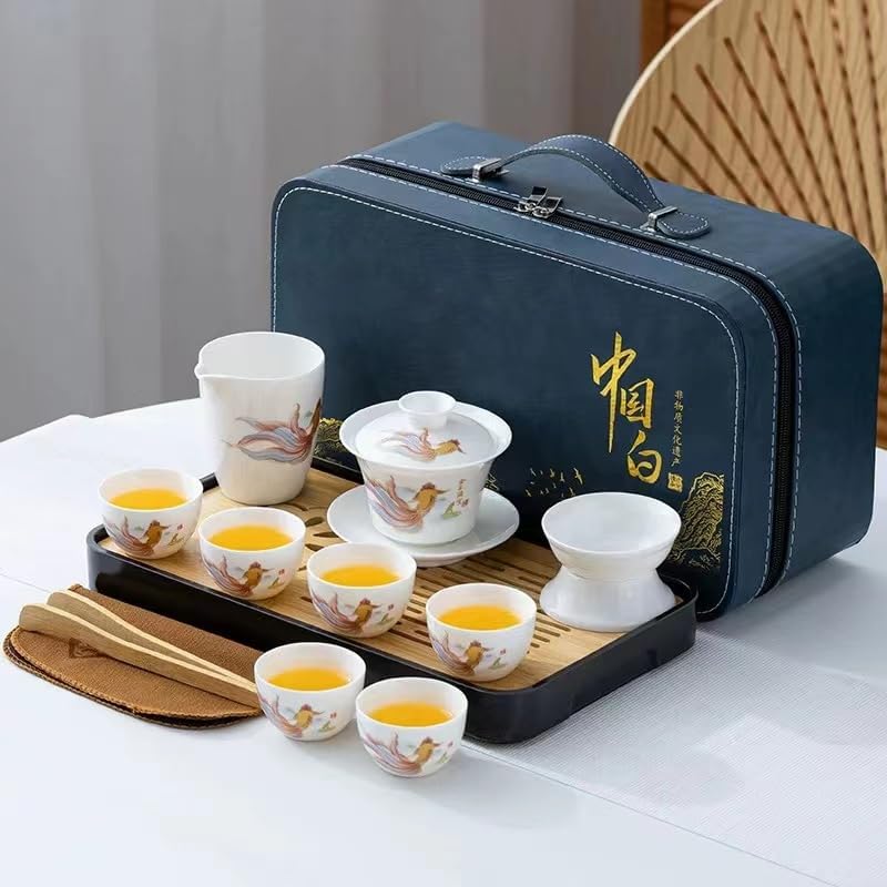 ICHAG Asian tea set |Kungfu tea sets |Ceramic Portable tea set|tea sets for adult |13-piece with grey leather case |Tea set gift for Home,Outdoor,Business