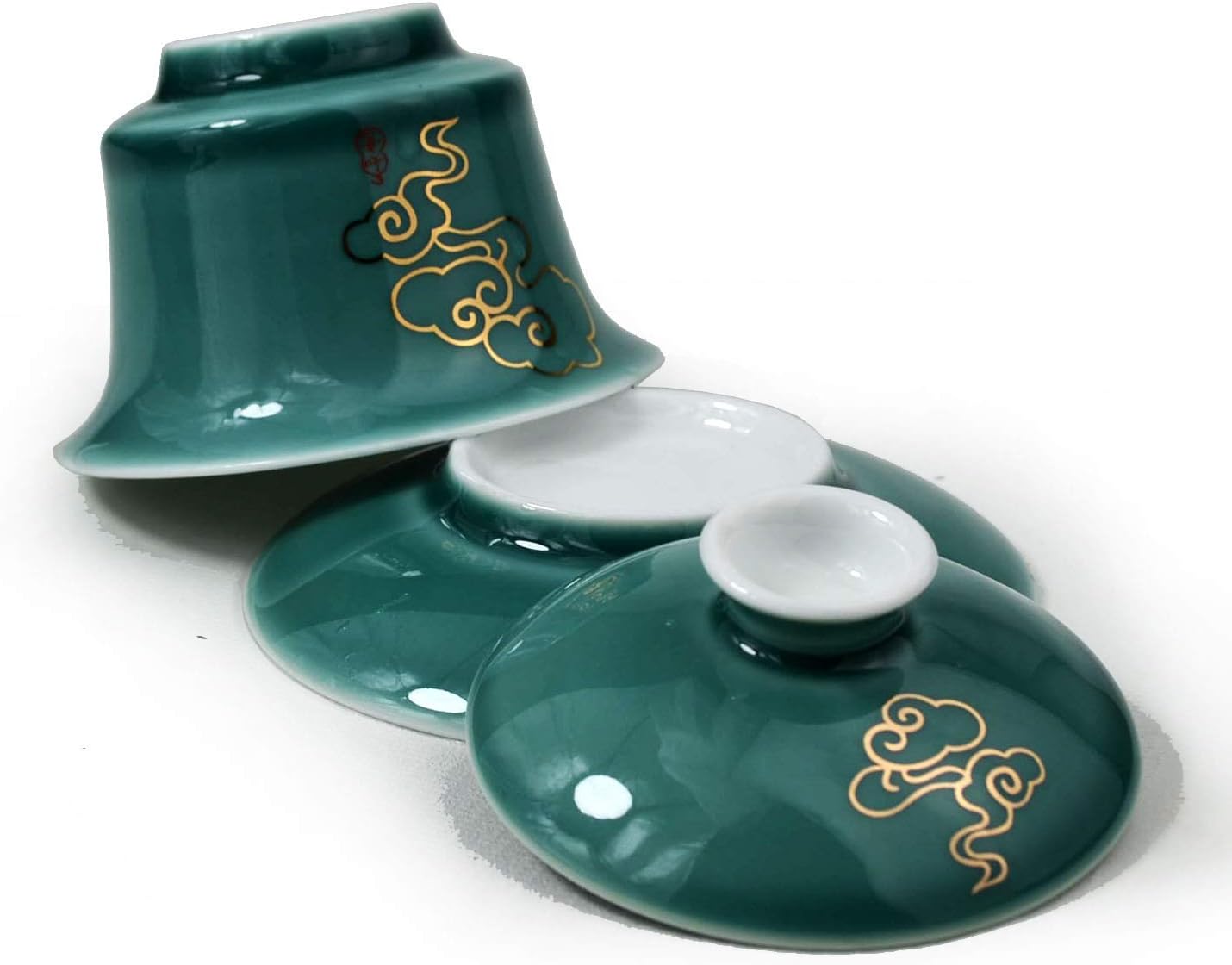 Porcelain Gaiwan 5oz /150ml Teacup White Glazed Classical Chinese Auspicious Clouds Tea Cup Tureen Sancai Cover Bowl Lid Cup Saucer Set (Green)