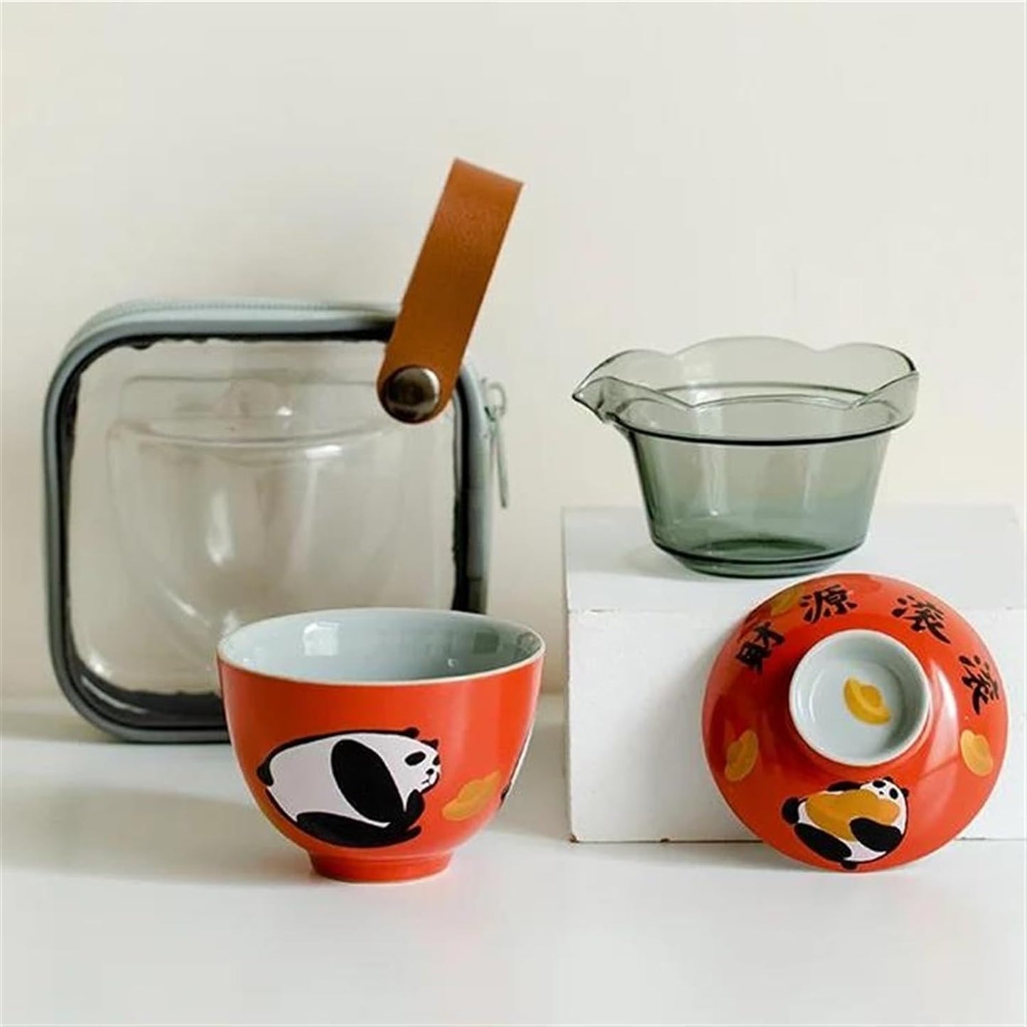 FUTWIZ Afternoon Tea Set Wealth Rolling Panda Art Ceramic Express Cup Outdoor Tea Maker Tea Set Portable 1 Pot 1 Cup with Storage Bag Chinese Tea Set Tea Set for Adults