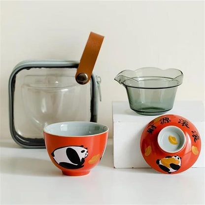 FUTWIZ Afternoon Tea Set Wealth Rolling Panda Art Ceramic Express Cup Outdoor Tea Maker Tea Set Portable 1 Pot 1 Cup with Storage Bag Chinese Tea Set Tea Set for Adults