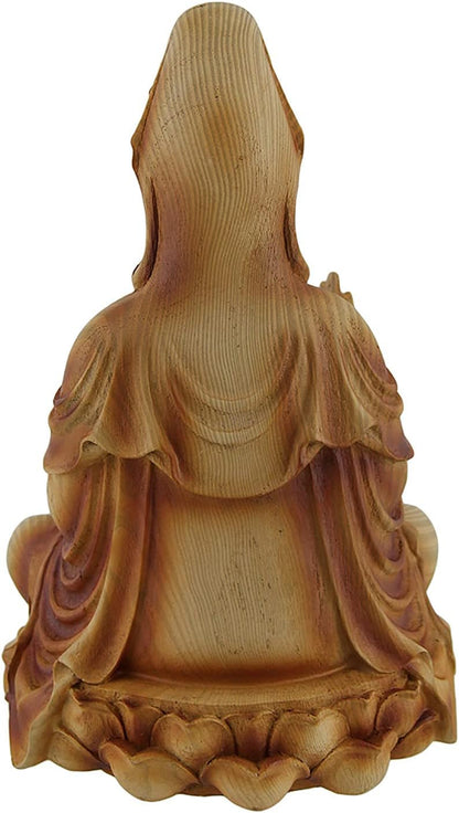 Zeckos Brown Wood Finish Resin Guanyin Goddess of Mercy Sitting On Lotus Statue 9 Inches High