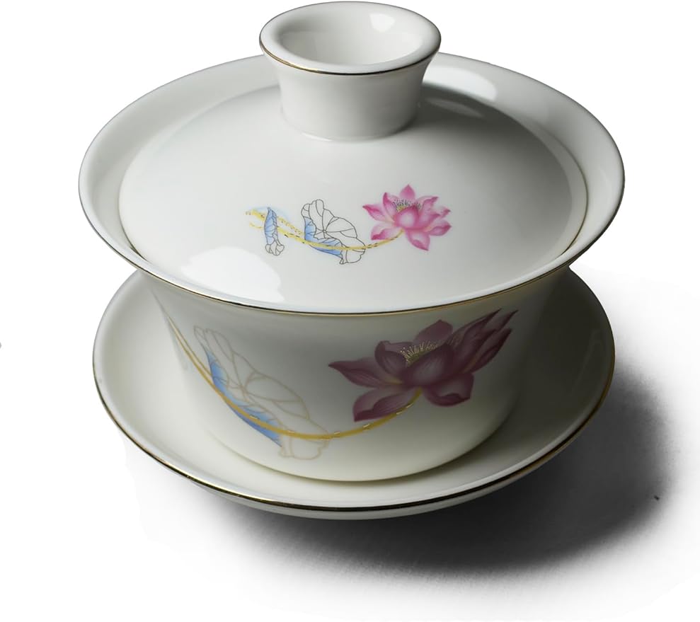 YXHUPOT Gaiwan White Porcelain teacup Sancai Tea Cup Set Booming Lotus Lid (9oz Medium bloom)