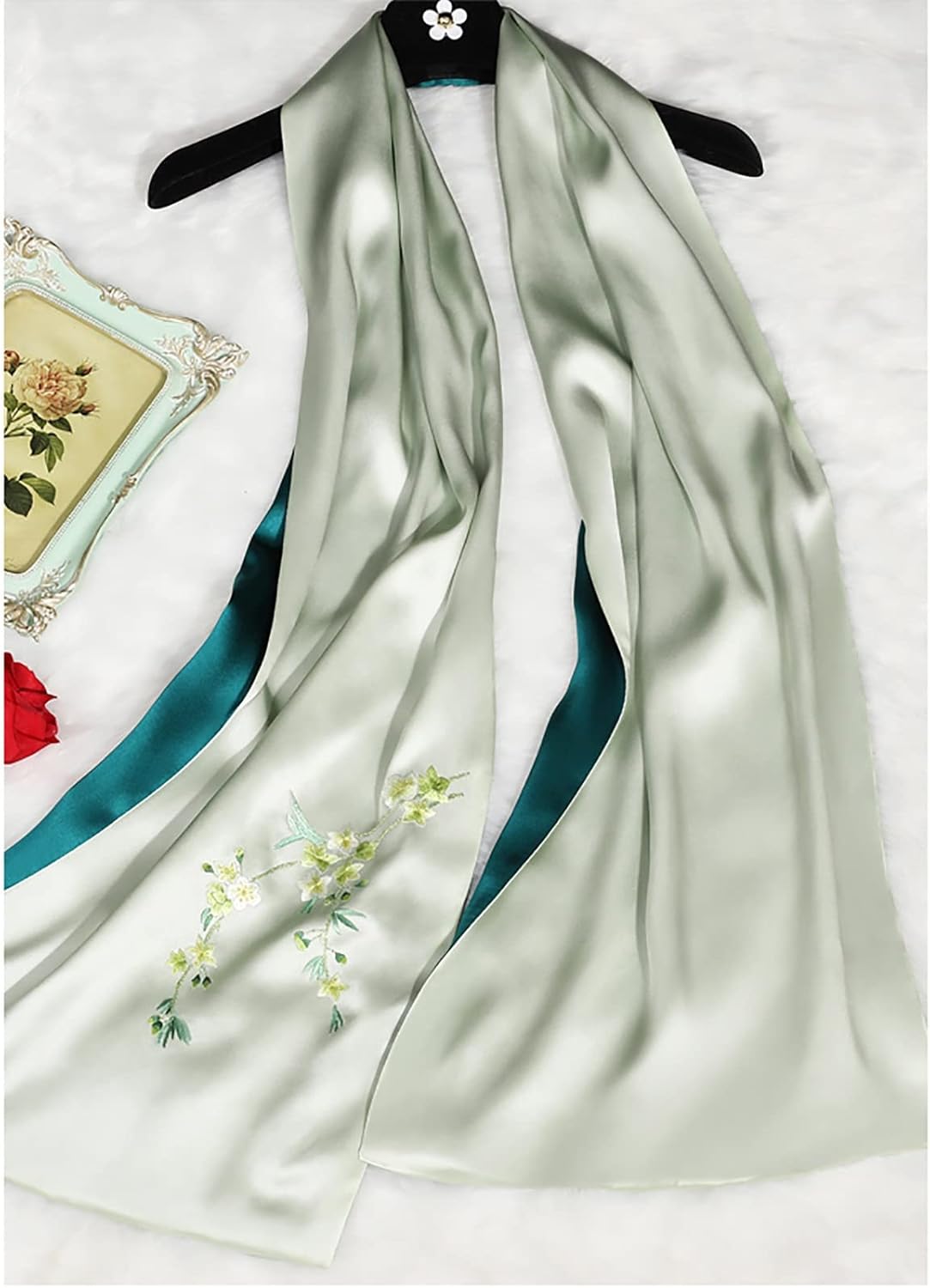 RAN Winter Warm Scarfs Double-Layer Soft Silk Scarf Shawl, 68.9" Long Lightweight Shawl Wrap, Embroidered by Hand with Floral Pattern