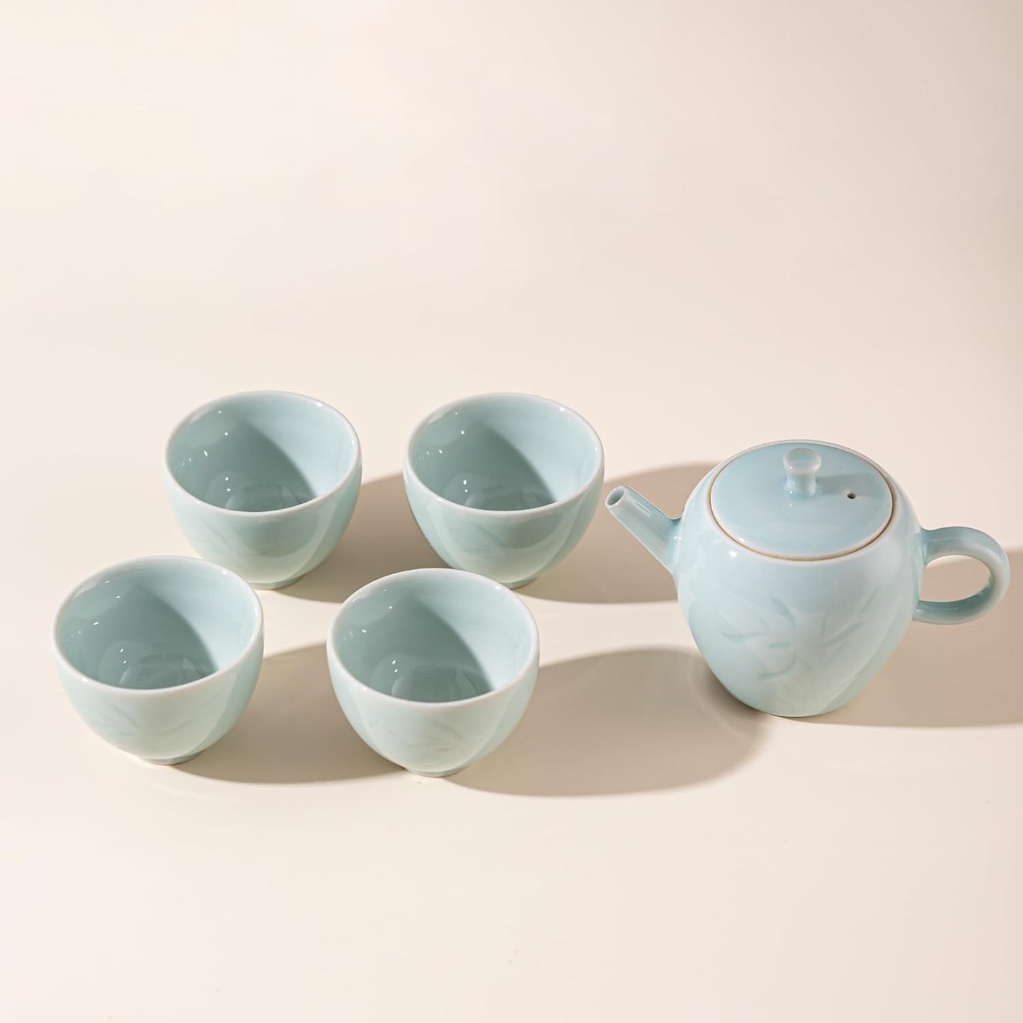 SILINE Chinese Celadon Teapot Set,Green Porcelain Tea Pot 7.5 Oz with 4 Kongfu Tea Cups -Di Kiln,Pink Cyan