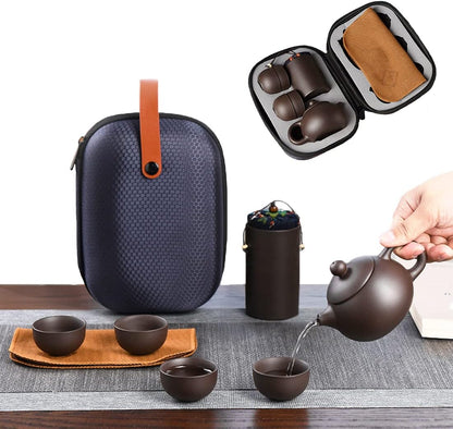 Zisha Travel Tea Sets 6 Pack Portable Chinese Kungfu Tea Set Ceramic Teapot Sets for adults, Purple Clay Tea pot 4 Teacups Canister in One Bag for Outdoor Picnic Business, Christmas Gift Tea Sets