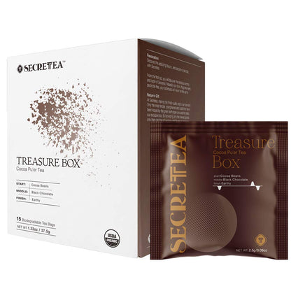 Organic Cocoa Pu-erh Loose Tea I POWERFUL Detox Immune I Heart & Digestion Support, 15 Sachet Tea Bags (Pack of 3) |By T SECRETEA, Treasure Box