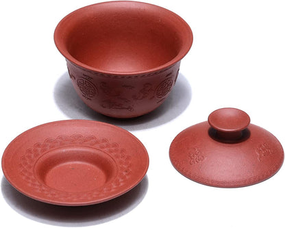 SILINE Yixing Zisha Purple Clay Gaiwan,Chinese Kungfu Tea Bowl Cup,Blooming and Loose Leaf Tea Maker Set,4 oz (Zhufu,Red Clay)