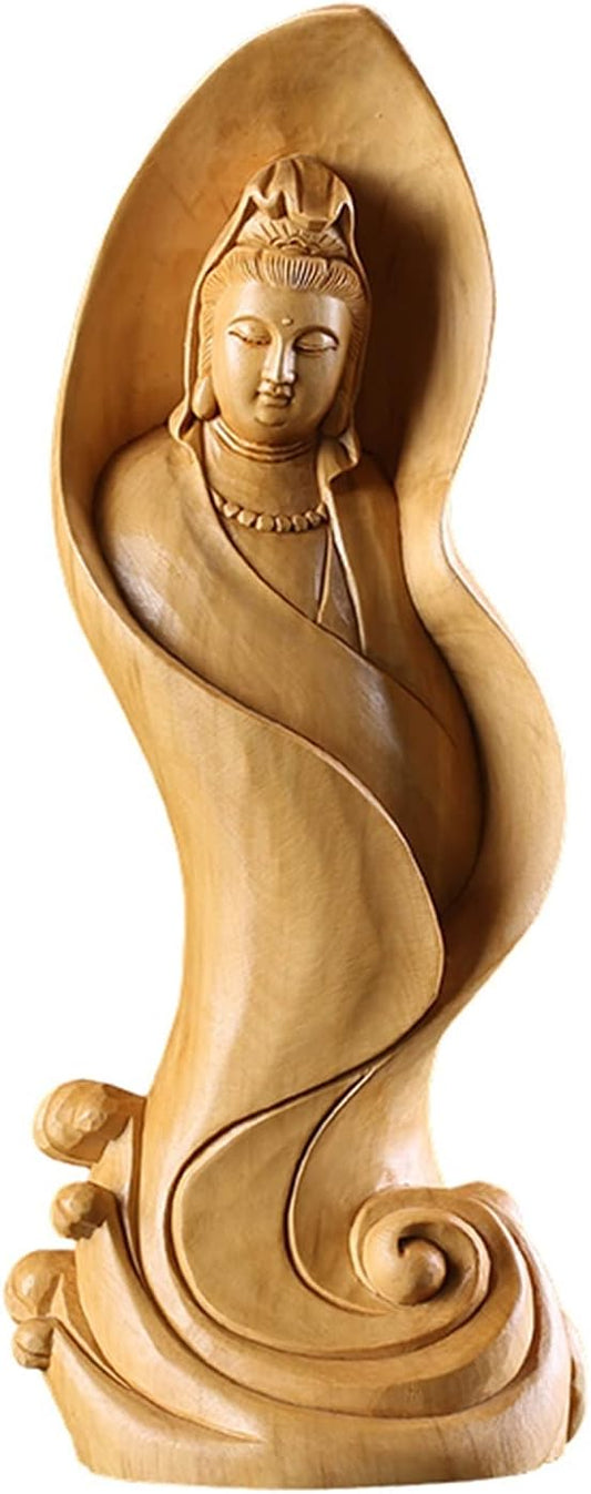 HASMI Lucky 12CM Wooden Guanyin Figurines Religious Wood Statue Bodhisattva Solid Wood Statue Peace and Auspice Mascot Lucky Statue