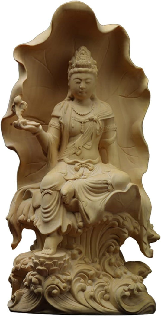 AVFORA Weiping - Creative Design Lotus Guanyin Sculpture Wood Carving Guanyin Buddha Statue Feng Shui Desktop Decoration Home Decoration Indoor Statue