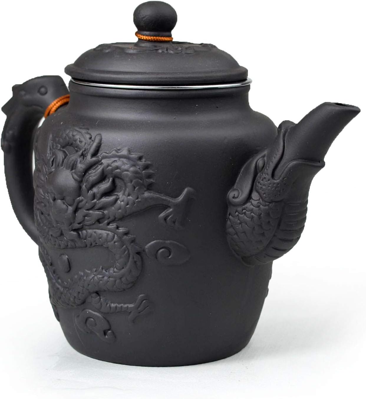 Teapot Chinese Yixing Gongfu Tea Large Pots 600ml Dragon Stainless Filter for Loose Tea (black)