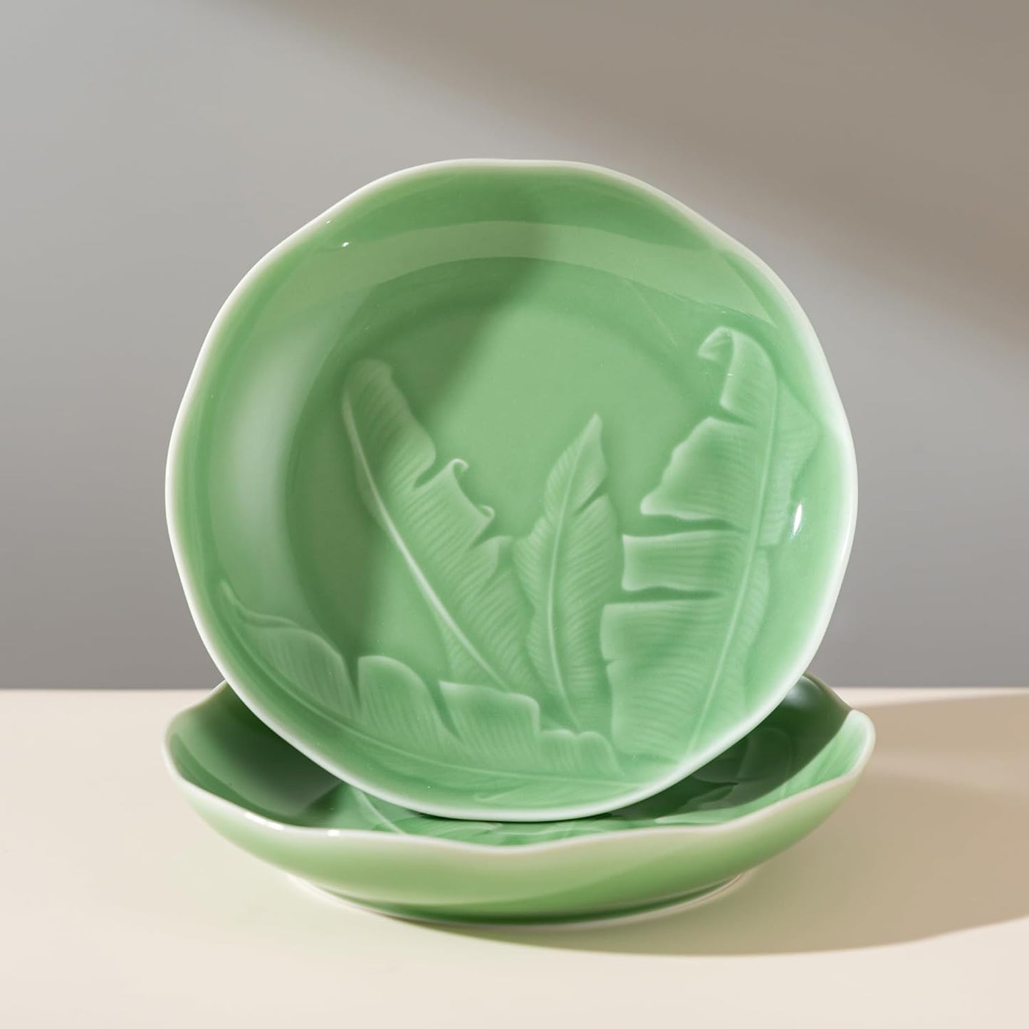 SILINE 8" Green Porcelain Dinner Plates Set,2 PCS Genuine Longquan Celadon Tableware Plates (Classic Cyan)