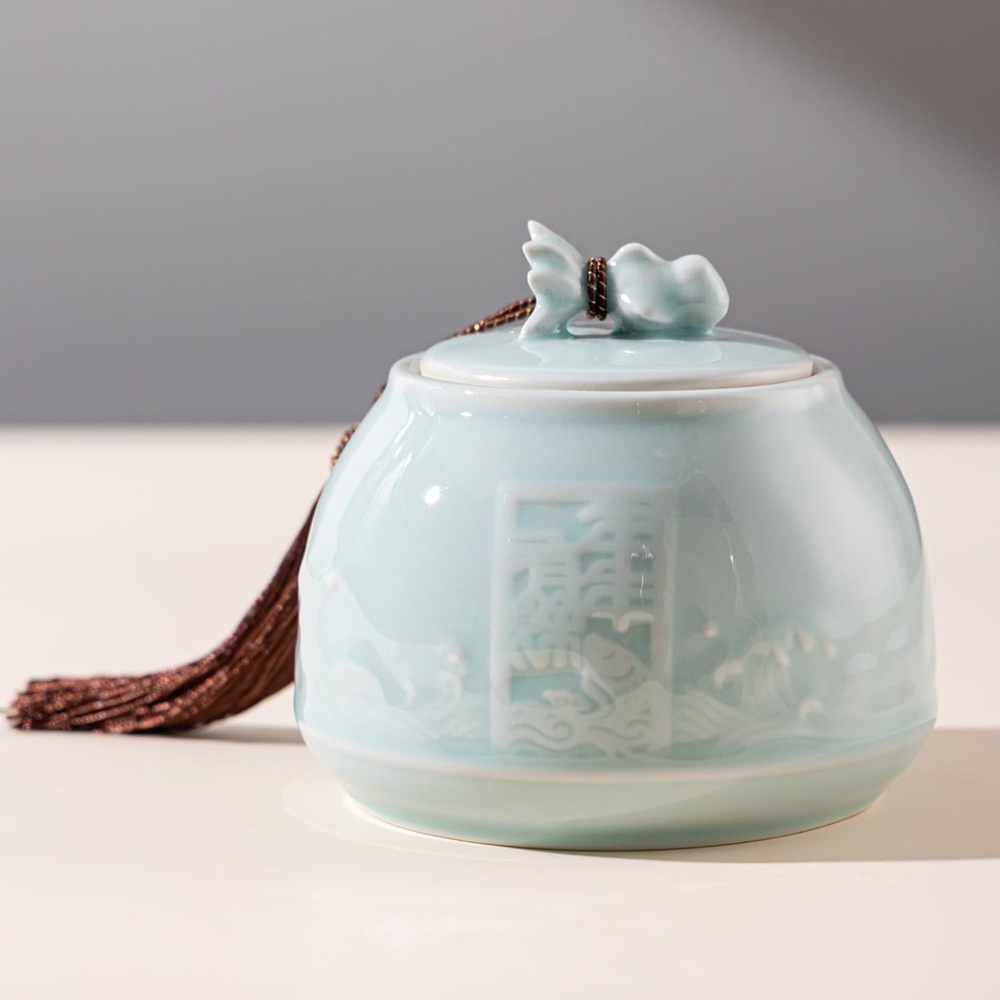 SILINE Genuine Longquan Celadon Airtight Container 20 oz/600ml,Green Porcelain Loose Tea Storage Jar (Pink Cyan)