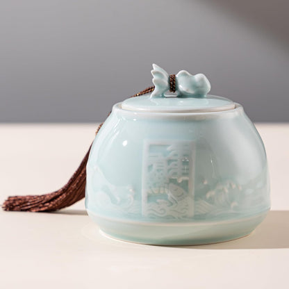 SILINE Genuine Longquan Celadon Airtight Container 20 oz/600ml,Green Porcelain Loose Tea Storage Jar (Pink Cyan)