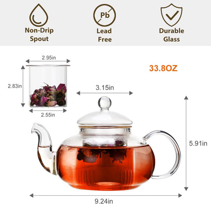 CnGlass 33.8oz Glass Teapot with Removable Infuser,Stovetop Safe Tea Kettle,Blooming & Loose Leaf Tea Pot