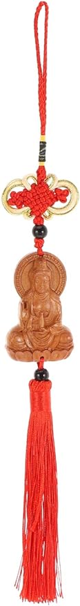 BESPORTBLE Red Car Feng Shui Rear View Mirror Pendant Hanging Ornament Wood Guanyin Buddha Statue Tassel Carved Lucky Hanging Decor for Auto Rearview Mirror Decoration