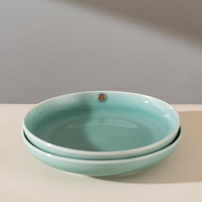 SILINE 8" Green Porcelain Dinner Plates Set,2 PCS Genuine Longquan Celadon Round Tableware Plates