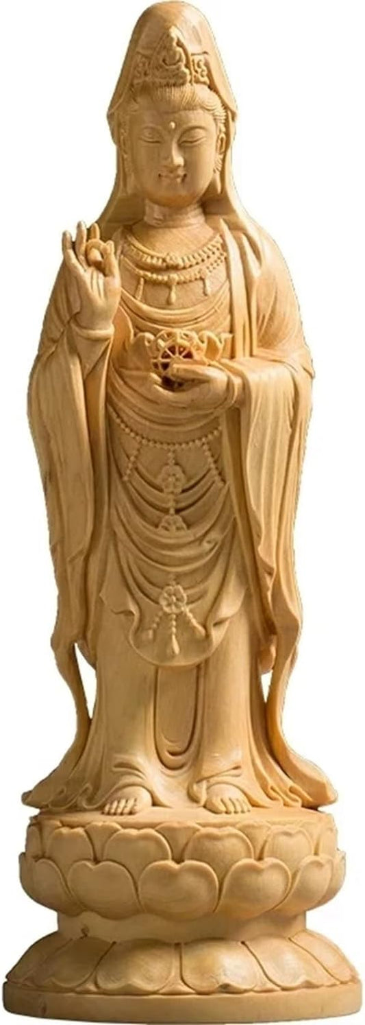 xiledu Feng Shui Decor Goddess of Mercy Quan yin Statue,Art Collection Kuan yin Buddha Statue,Hand Carving Boxwood Guan yin Statue for Home Office Decor