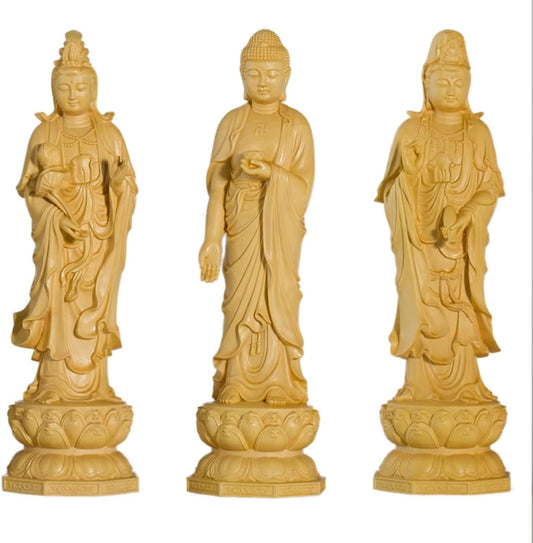 xiledu 3Pcs Buddha Statue,Hand Carving Boxwood Kuanyin-Amitabha-Ksitigarbha Buddha Statue|Quan Yin Statue Home Office Decor Sculpture Figurines