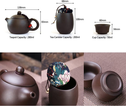 Portable Travel Kungfu Zisha Tea Set, Handmade Purple Clay Teapot Teacups, Traditonal Chinese Tea Pot Style - Purple Clay Teapot & Teacups & Tea can & Tea towel with a Portable Travel Bag