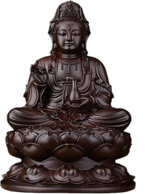 BytheM Sculpture Tabletop Guanyin Statue Retro Ebony Crafts Handmade Wood Carving Lotus Guanyin Statue Decoration, for Your Living Room Office Housewarming Gifts,XS