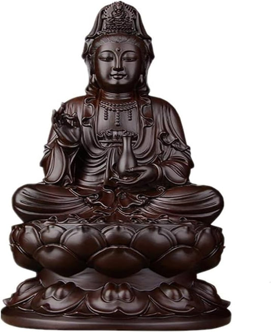 BytheM Sculpture Tabletop Guanyin Statue Retro Ebony Crafts Handmade Wood Carving Lotus Guanyin Statue Decoration, for Your Living Room Office Housewarming Gifts,XS