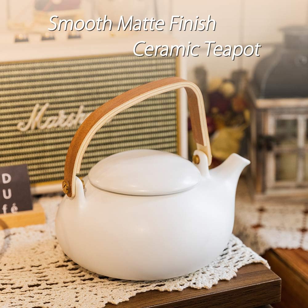 ZENS Teapot with Infuser,Matte Ceramic Japanese Tea Pot for Loose Leaf Tea, 27 Ounces Porcelain Teapots White for Women Gift with Modern Bentwood Handle, 800ml