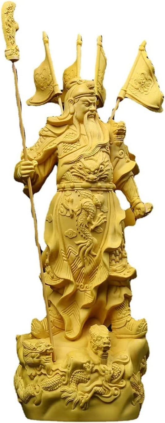 xiledu Wood Carving God of Wealth Guan Yu with Flag Statue,Feng Shui Decor Guan Gong Statue Tabletop Shelf Decor,Guan Yun Chang Figurines Home Office Decor