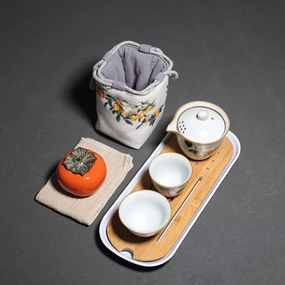 TANFEI Retro Persimmon Tea Set, Ceramic Tea Set with 1 Pot, 2 Cups, 1 Canister, 1 Tea Tray, and 1 Cloth Bag, Portable Travel Tea Set