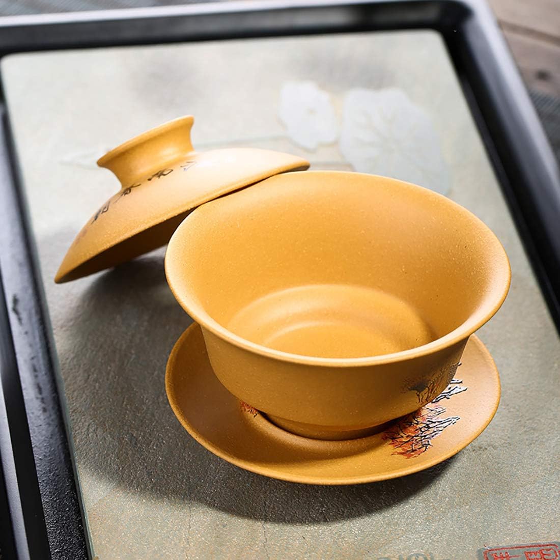 MULHUE Hand-painted yixing tea cup，Chinese Traditional Teaware Zisha Porcelain Gaiwan Kungfu Tea bowl with Lid and Saucer-135ml/4.6oz
