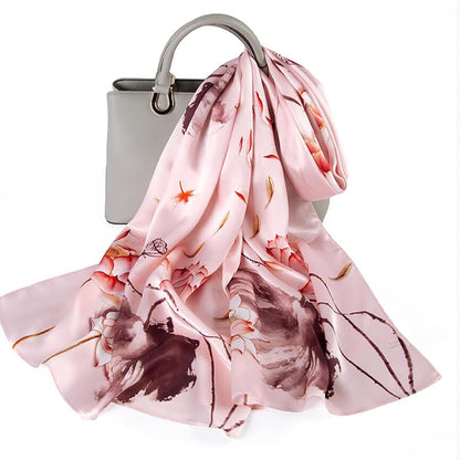 RAN Winter Warm Scarfs Silk Scarf for Women, Luxury Long Pure Satin Pattern Scarfs Large Shawls Wraps, Lotus Pattern (Color : Beige, Size : 67.7" x 20.9")