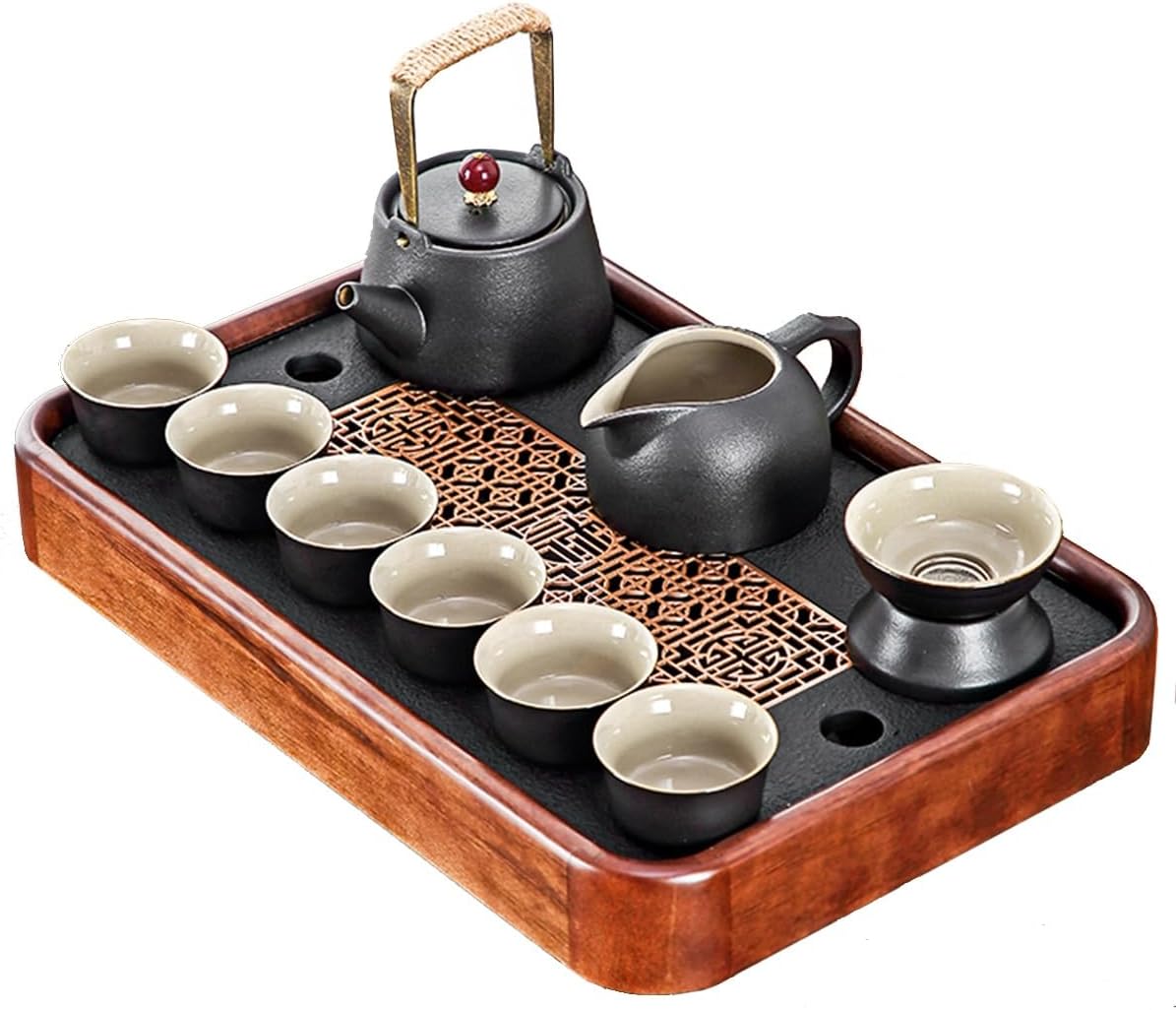 GIZNXBA Tea Set Home Office with Side Handle Pots, Side Handle Cups, Tea Drain Set, Teacups, Tea Tray, Chic Ceramic Dry Bubble Tray Tea Set, Tea Party Set for Tea Lover (Color : /Black, Size : B)