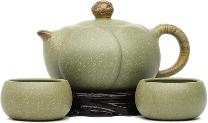 SILINE Zisha Hu - Lotus 11.3oz,Genuine Yixing Cyan Clay Teapot with 2 Cups, Chinese Craftswomen Handmade Infuse Brew Kung Fu Tea Pot Set