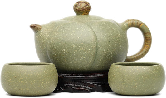 SILINE Zisha Hu - Lotus 11.3oz,Genuine Yixing Cyan Clay Teapot with 2 Cups, Chinese Craftswomen Handmade Infuse Brew Kung Fu Tea Pot Set