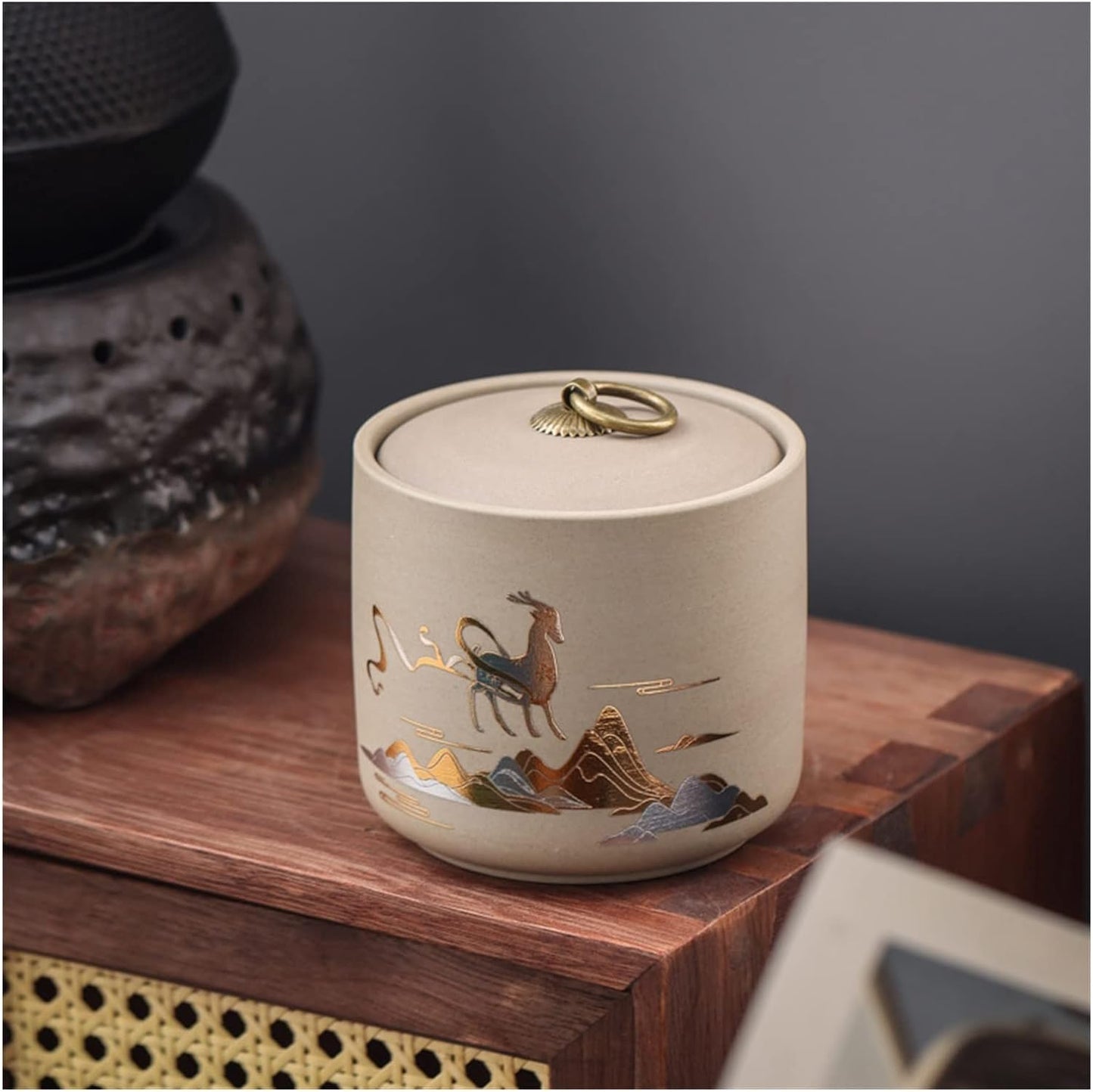 New Coarse Pottery Tea Cans Tea Sealing Jars Tea Cans Black Tea Puerh Storage Jars Storage Jars Gift Boxes (Color : A Deer has You)