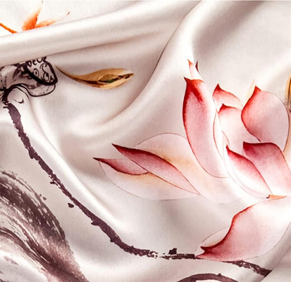 RAN Winter Warm Scarfs Silk Scarf for Women, Luxury Long Pure Satin Pattern Scarfs Large Shawls Wraps, Lotus Pattern (Color : Beige, Size : 67.7" x 20.9")