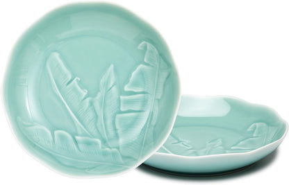 SILINE 8" Green Porcelain Dinner Plates Set,2 PCS Genuine Longquan Celadon Tableware Plates (Classic Cyan)